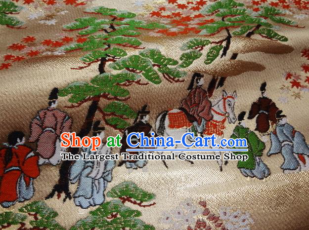 Asian Traditional Classical Genji View Pattern Golden Tapestry Satin Nishijin Brocade Fabric Japanese Kimono Silk Material