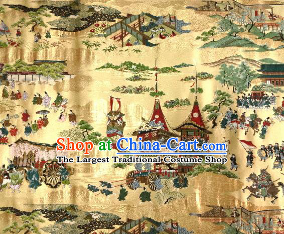 Asian Traditional Classical Kyoto View Pattern Golden Tapestry Satin Nishijin Brocade Fabric Japanese Kimono Silk Material