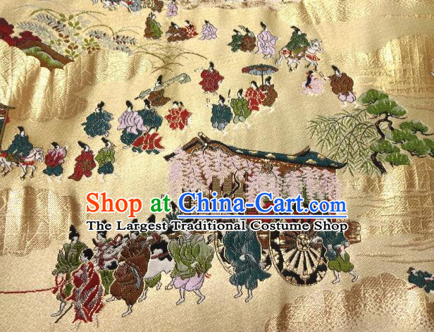 Asian Traditional Classical Kyoto View Pattern Golden Tapestry Satin Nishijin Brocade Fabric Japanese Kimono Silk Material