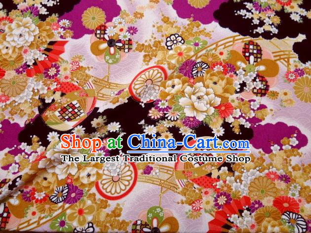 Asian Traditional Classical Peony Daisy Pattern Purple Tapestry Satin Nishijin Brocade Fabric Japanese Kimono Silk Material