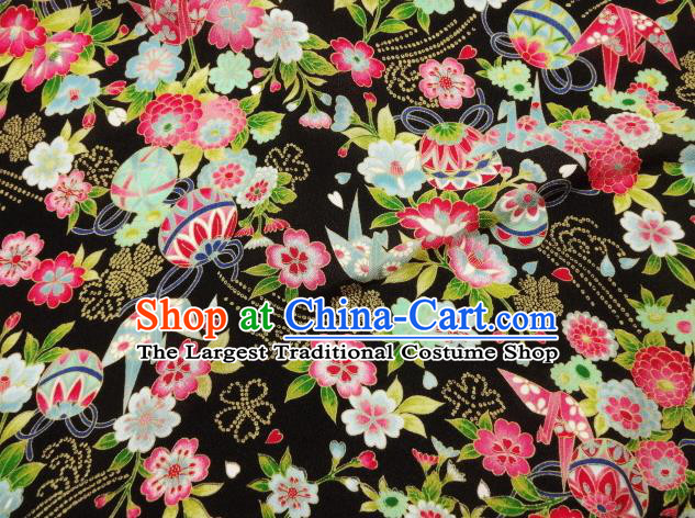 Asian Traditional Classical Bell Flowers Pattern Black Tapestry Satin Nishijin Brocade Fabric Japanese Kimono Silk Material
