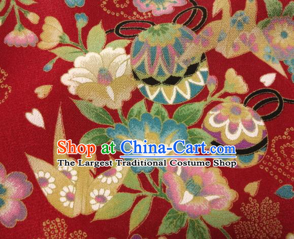 Asian Traditional Classical Bell Flowers Pattern Red Tapestry Satin Nishijin Brocade Fabric Japanese Kimono Silk Material