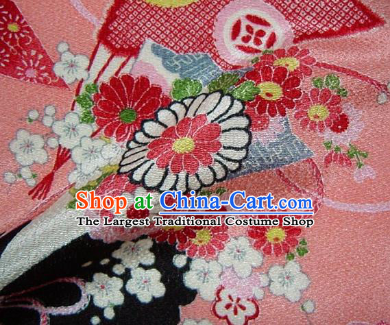 Asian Traditional Classical Daisy Pattern Pink Tapestry Satin Nishijin Brocade Fabric Japanese Kimono Silk Material