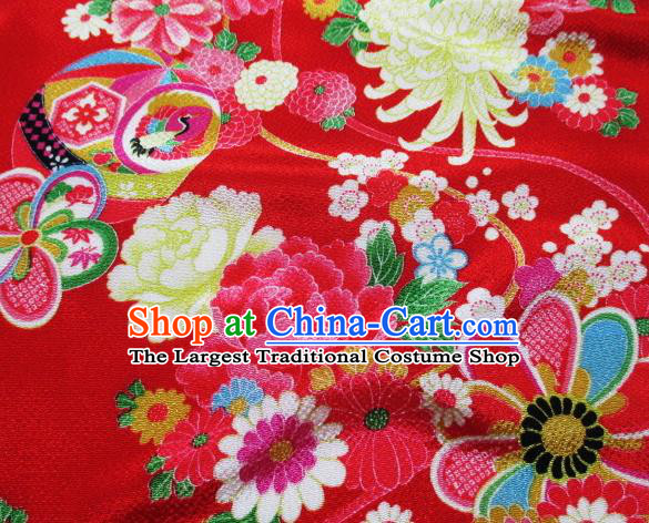 Asian Traditional Classical Chrysanthemum Fan Pattern Red Tapestry Satin Brocade Fabric Japanese Kimono Silk Material