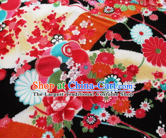 Asian Traditional Classical Peony Pattern Black Tapestry Satin Brocade Fabric Japanese Kimono Silk Material