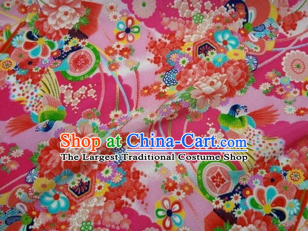 Asian Traditional Classical Peacock Pattern Pink Tapestry Satin Brocade Fabric Japanese Kimono Silk Material