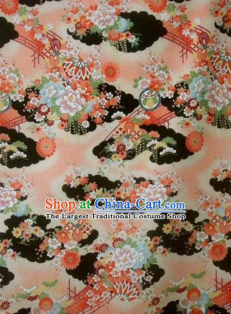 Asian Traditional Classical Peony Pattern Black Brocade Tapestry Satin Fabric Japanese Kimono Silk Material