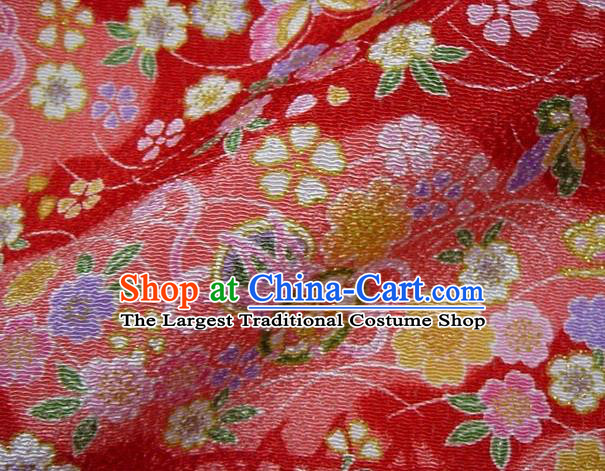 Asian Traditional Classical Butterfly Sakura Pattern Red Brocade Tapestry Satin Fabric Japanese Kimono Silk Material