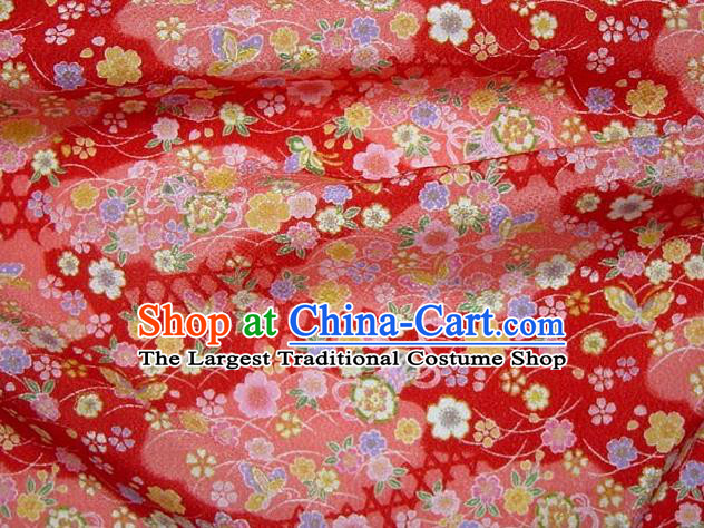 Asian Traditional Classical Butterfly Sakura Pattern Red Brocade Tapestry Satin Fabric Japanese Kimono Silk Material