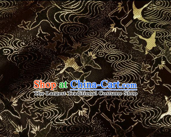 Asian Traditional Kimono Classical Cranes Pattern Black Nishijin Brocade Tapestry Satin Fabric Japanese Silk Material