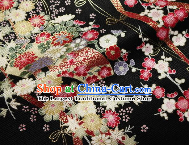 Asian Traditional Kimono Classical Sakura Pattern Black Nishijin Brocade Tapestry Satin Fabric Japanese Silk Material