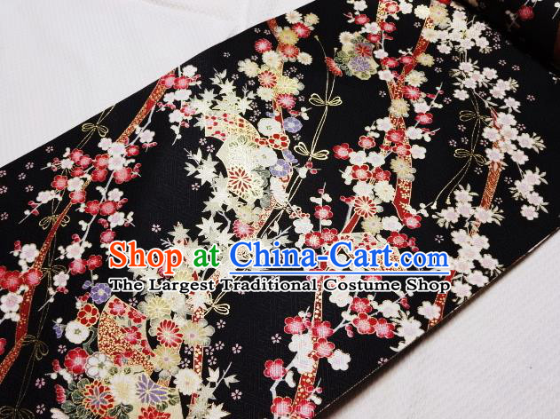 Asian Traditional Kimono Classical Sakura Pattern Black Nishijin Brocade Tapestry Satin Fabric Japanese Silk Material