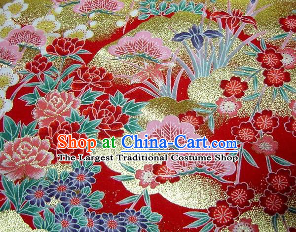 Asian Traditional Kimono Classical Peony Orchid Pattern Red Brocade Tapestry Satin Fabric Japanese Kyoto Silk Material