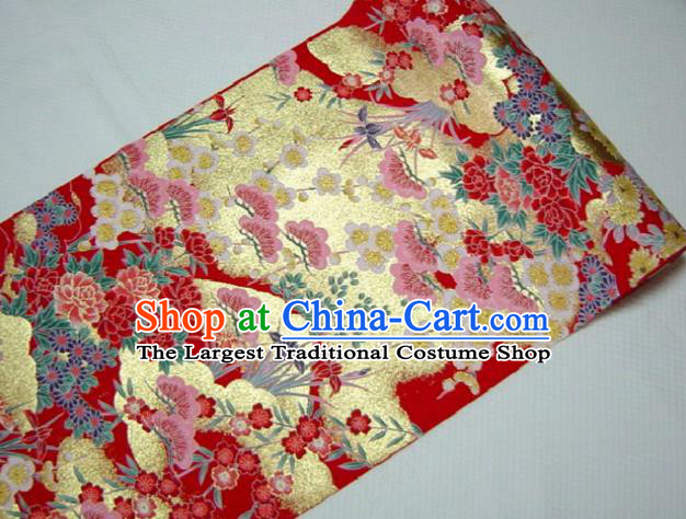 Asian Traditional Kimono Classical Peony Orchid Pattern Red Brocade Tapestry Satin Fabric Japanese Kyoto Silk Material