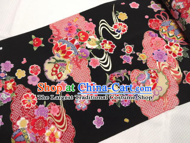 Asian Traditional Kimono Classical Ball Pattern Black Brocade Tapestry Satin Fabric Japanese Kyoto Silk Material