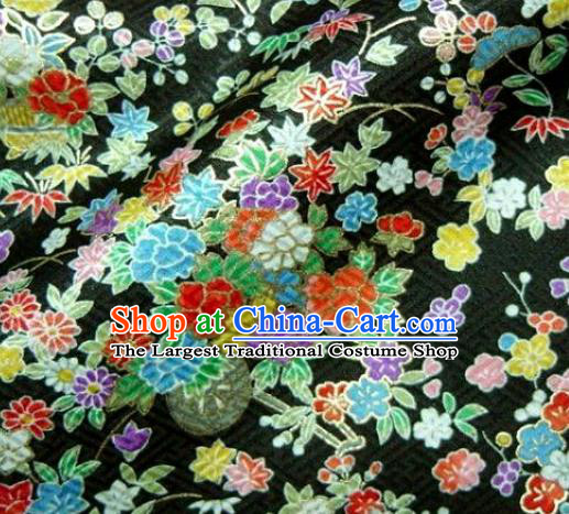 Asian Traditional Kimono Classical Sakura Maple Pattern Black Brocade Tapestry Satin Fabric Japanese Kyoto Silk Material