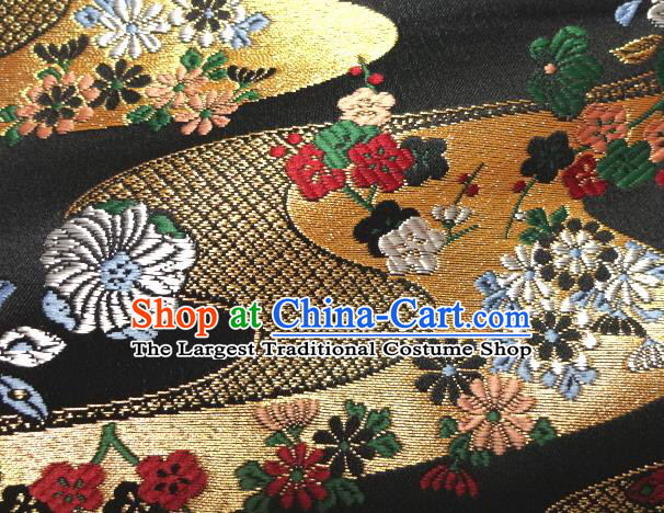 Asian Traditional Kimono Classical Chrysanthemum Pattern Black Damask Brocade Tapestry Satin Fabric Japanese Kyoto Silk Material