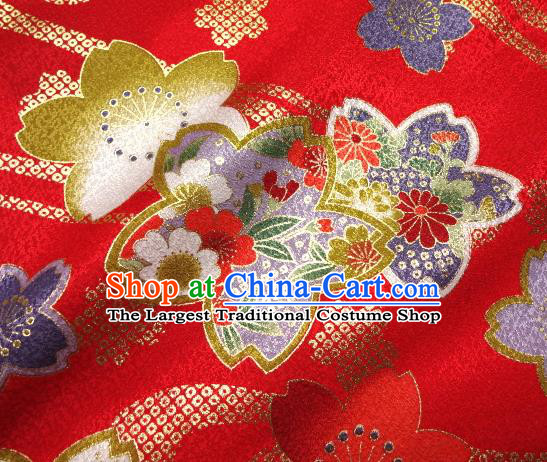 Asian Traditional Kimono Classical Sakura Pattern Red Damask Brocade Tapestry Satin Fabric