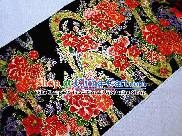 Asian Traditional Kimono Classical Peony Pattern Black Damask Brocade Tapestry Satin Fabric Japanese Kyoto Silk Material