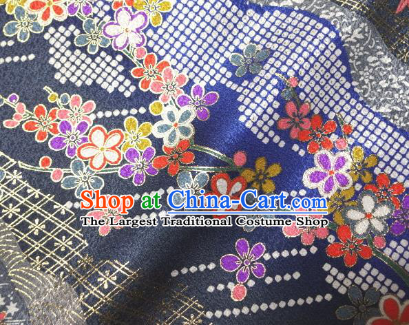 Asian Traditional Kimono Classical Sakura Pattern Navy Damask Brocade Tapestry Satin Fabric Japanese Kyoto Silk Material