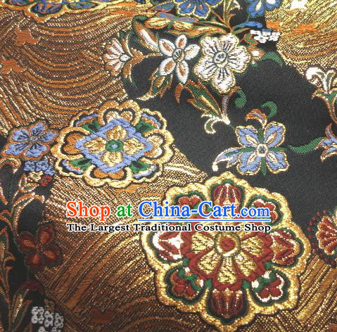 Asian Traditional Damask Classical Hothouse Flowers Pattern Black Brocade Fabric Japanese Kimono Tapestry Satin Silk Material