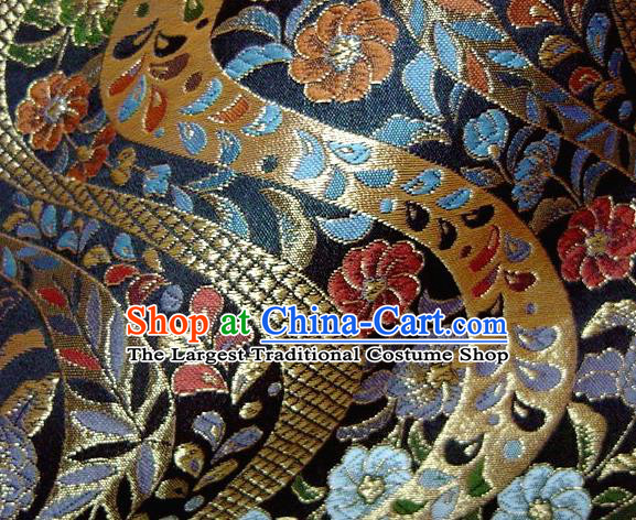 Asian Traditional Baldachin Classical Flowers Pattern Navy Brocade Fabric Japanese Kimono Tapestry Satin Silk Material