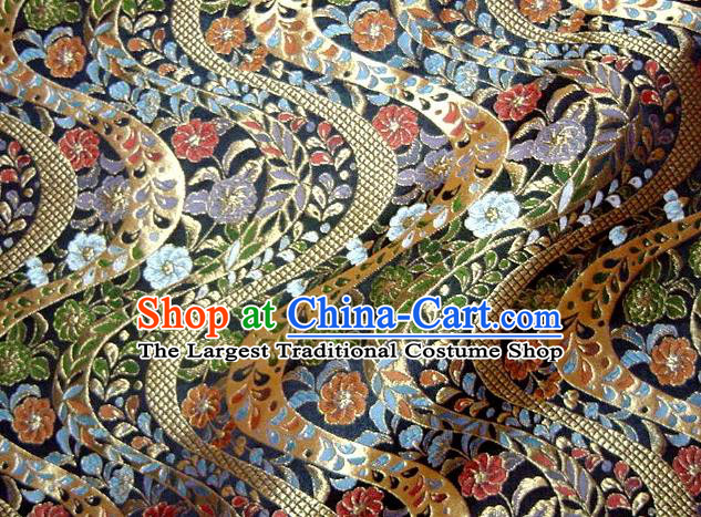 Asian Traditional Baldachin Classical Flowers Pattern Navy Brocade Fabric Japanese Kimono Tapestry Satin Silk Material