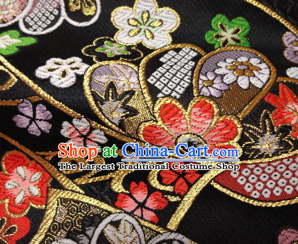 Asian Traditional Baldachin Classical Sakura Maple Pattern Black Brocade Fabric Japanese Kimono Tapestry Satin Silk Material