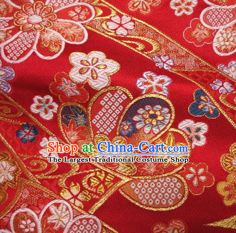 Asian Traditional Baldachin Classical Sakura Maple Pattern Red Brocade Fabric Japanese Kimono Tapestry Satin Silk Material
