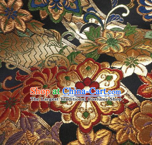 Asian Traditional Baldachin Classical Daisy Pattern Navy Brocade Fabric Japanese Kimono Tapestry Satin Silk Material