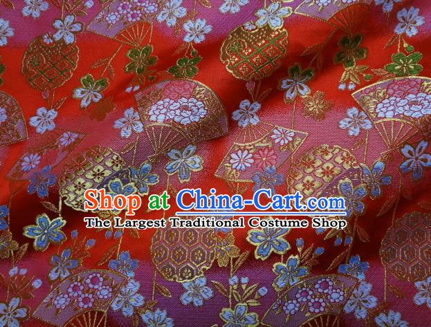 Asian Traditional Classical Sakura Fan Pattern Damask Red Brocade Fabric Japanese Kimono Tapestry Satin Silk Material