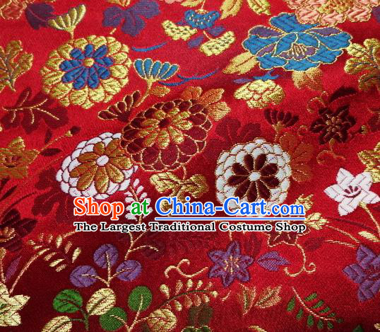 Asian Traditional Classical Flowers Pattern Damask Red Brocade Fabric Japanese Kimono Tapestry Satin Silk Material