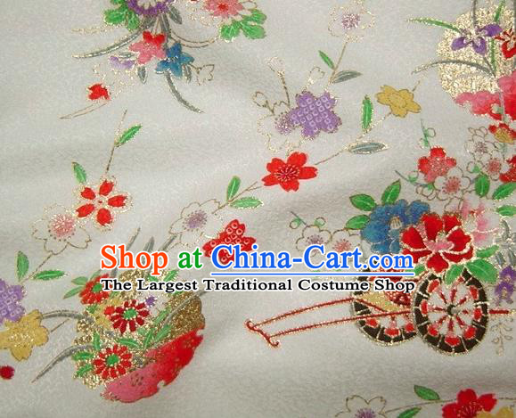 Asian Traditional Kimono Classical Flowers Gharry Pattern White Brocade Tapestry Satin Fabric Japanese Kyoto Silk Material