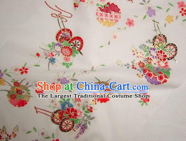 Asian Traditional Kimono Classical Flowers Gharry Pattern White Brocade Tapestry Satin Fabric Japanese Kyoto Silk Material