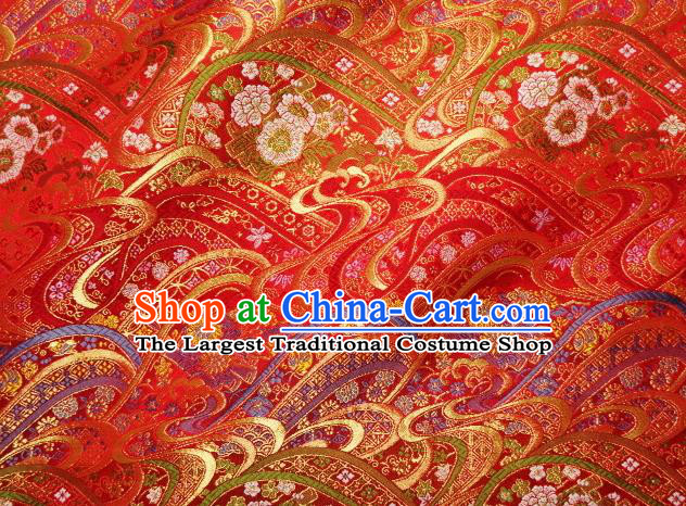 Asian Traditional Classical Peony Flowers Pattern Red Damask Brocade Fabric Japanese Kimono Tapestry Satin Silk Material