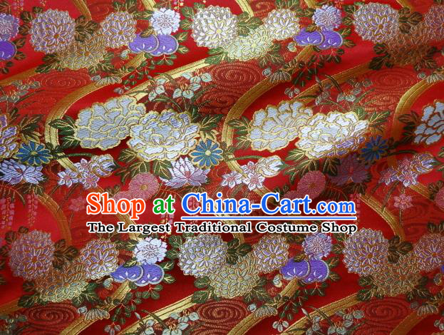 Asian Traditional Classical Flowers Pattern Red Damask Brocade Fabric Japanese Kimono Tapestry Satin Silk Material