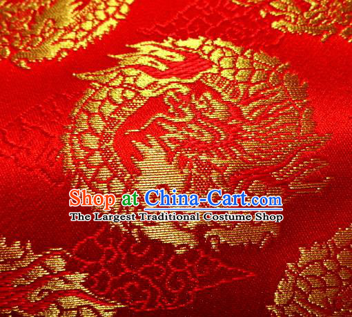 Asian Traditional Baldachin Classical Round Dragons Pattern Red Brocade Fabric Japanese Kimono Tapestry Satin Silk Material