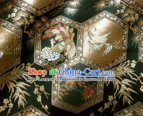 Asian Japanese Traditional Brocade Classical Peacock Pattern Black Baldachin Fabric Kimono Tapestry Satin Silk Material