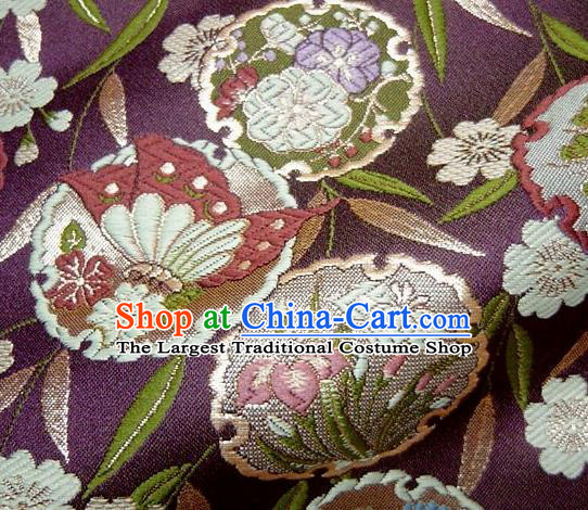 Asian Japanese Traditional Brocade Classical Bamboo Leaf Pattern Purple Baldachin Fabric Kimono Tapestry Satin Silk Material