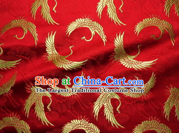Asian Traditional Japanese Kimono Classical Cranes Pattern Red Tapestry Satin Brocade Fabric Baldachin Silk Material