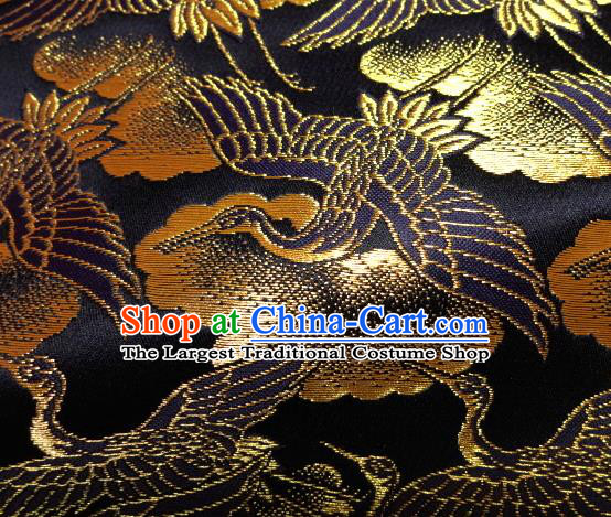 Asian Traditional Japanese Kimono Classical Cranes Pattern Black Brocade Tapestry Satin Fabric Baldachin Silk Material