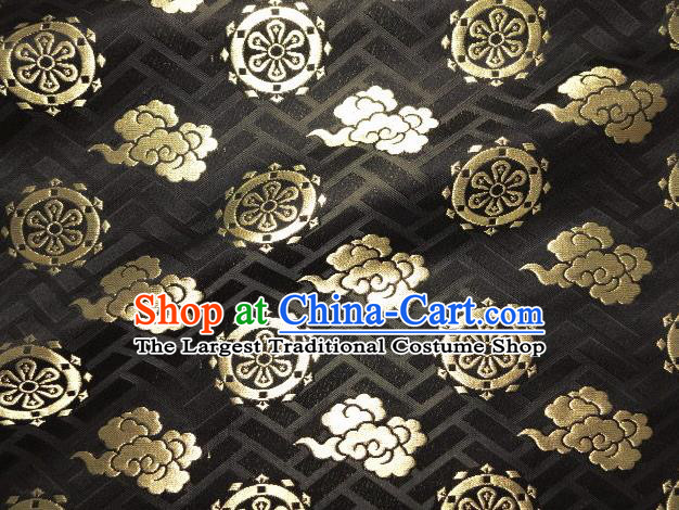 Asian Traditional Japanese Kimono Classical Cloud Wheels Pattern Black Brocade Tapestry Satin Fabric Baldachin Silk Material