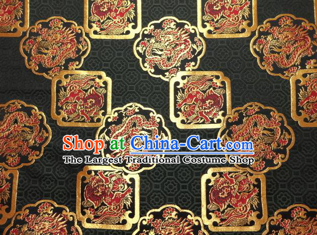 Asian Japanese Traditional Black Baldachin Classical Dragon Lion Pattern Brocade Fabric Kimono Tapestry Satin Silk Material