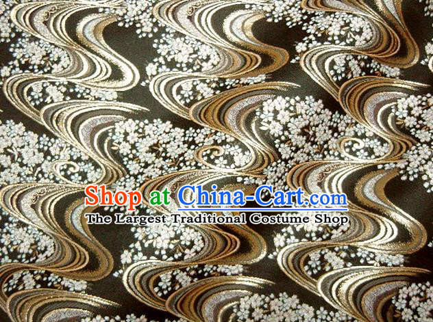 Asian Japanese Traditional Black Brocade Classical Sakura Pattern Baldachin Fabric Kimono Tapestry Satin Silk Material