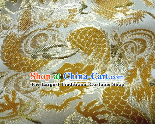 Asian Japanese Traditional White Brocade Fabric Classical Golden Dragons Pattern Baldachin Kimono Tapestry Satin Silk Material