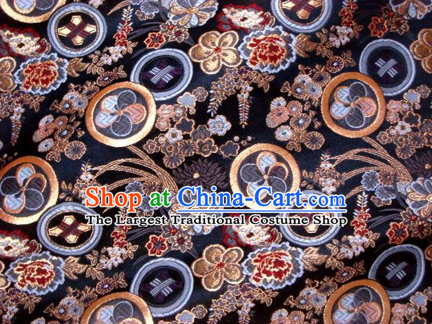 Asian Japanese Traditional Kimono Black Tapestry Satin Classical Plum Blossom Pattern Brocade Fabric Baldachin Silk Material