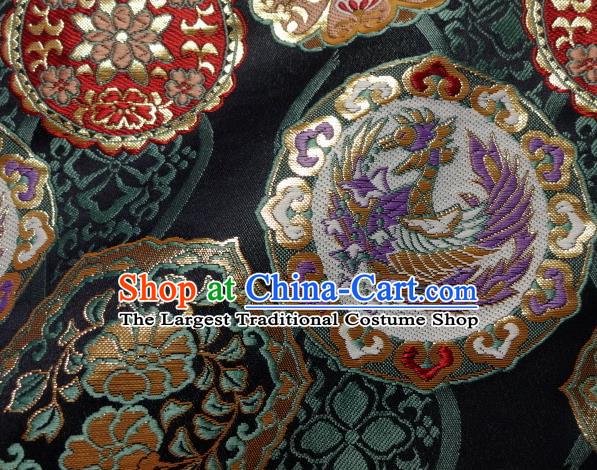 Asian Japanese Traditional Kimono Classical Phoenix Pattern Black Tapestry Satin Brocade Fabric Baldachin Silk Material