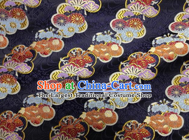 Asian Japanese Navy Tapestry Satin Traditional Kimono Classical Plum Blossom Pattern Brocade Fabric Baldachin Silk Material