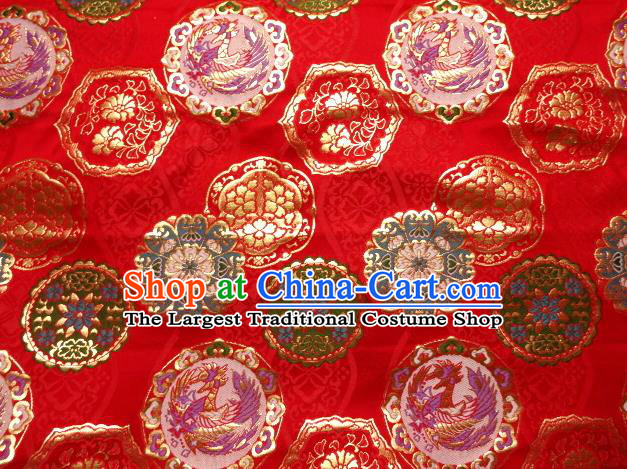 Asian Japanese Traditional Kimono Classical Phoenix Pattern Red Tapestry Satin Brocade Fabric Baldachin Silk Material