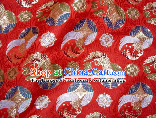 Asian Japanese Tapestry Satin Traditional Kimono Classical Cloud Crane Pattern Red Brocade Fabric Baldachin Silk Material